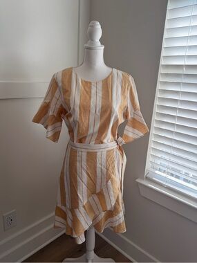 Express Yellow and White Striped Mini Wrap Dress